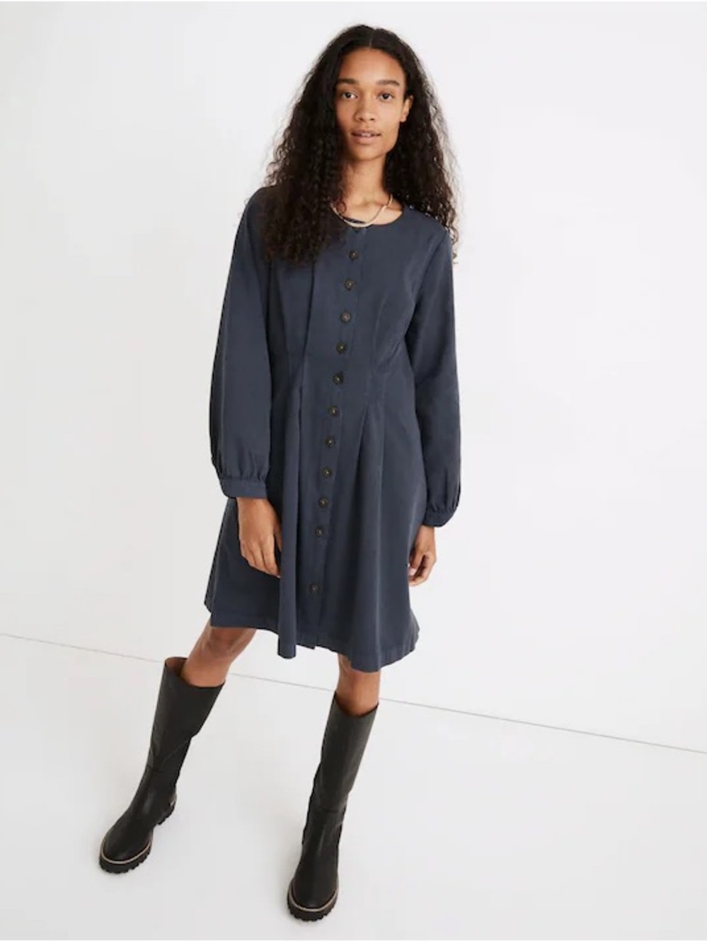 Madewell Long-Sleeve Button-Front Mini Dress Navy Blue 10